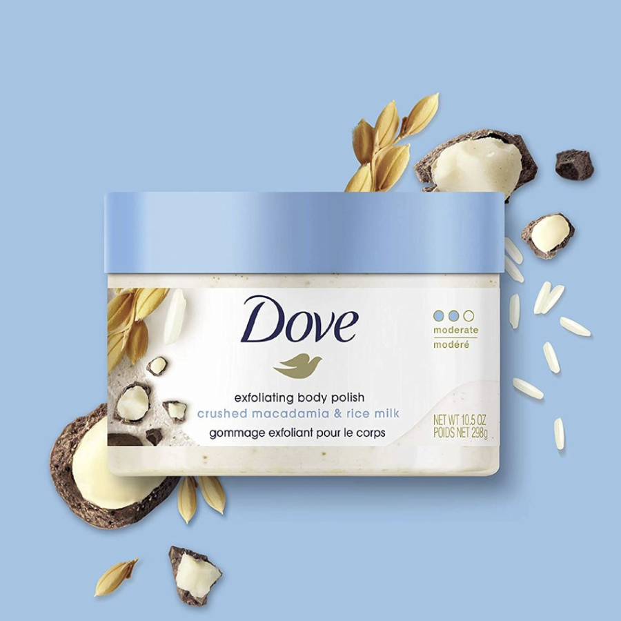 Отшелушивающий скраб для тела Dove с макадамией и рисовым молочком 298 г, 1 шт
