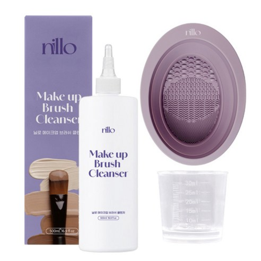 Очищающее средство Nilo Makeup Brush Cleanser 500 мл + Стакан + Подушечка для умывания фиолетового цвета, 1 комплект