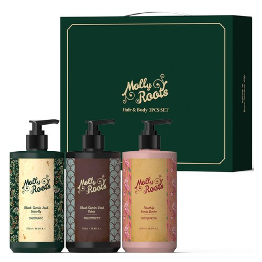 MollyRoot Black Cumin Seed Butterfly Shampoo + Velvet Treatment + Rosehip Sandy Garden Body Wash Set – набор для ухода за волосами и телом из 3 предметов, 1 комплект