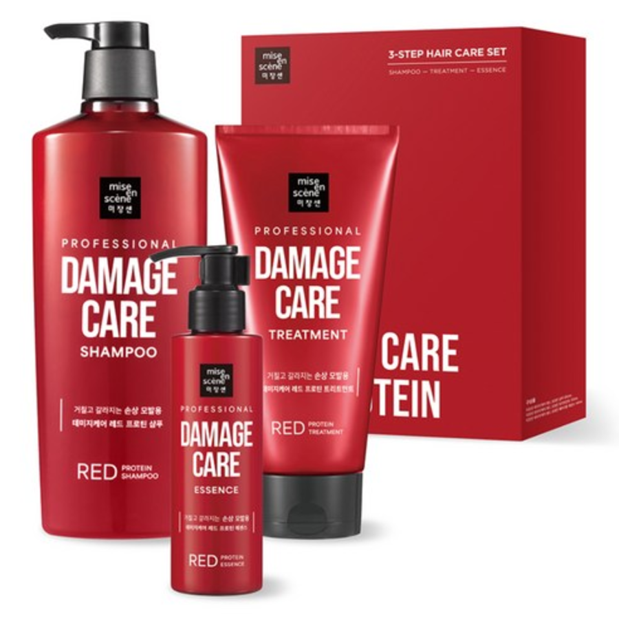 MISE EN SCENE Damage Care Red Protein Haircare Shampoo 680ml + Treatment 330ml + Hair Essence 140ml Set – набор для ухода за волосами из 3 предметов, 1 комплект