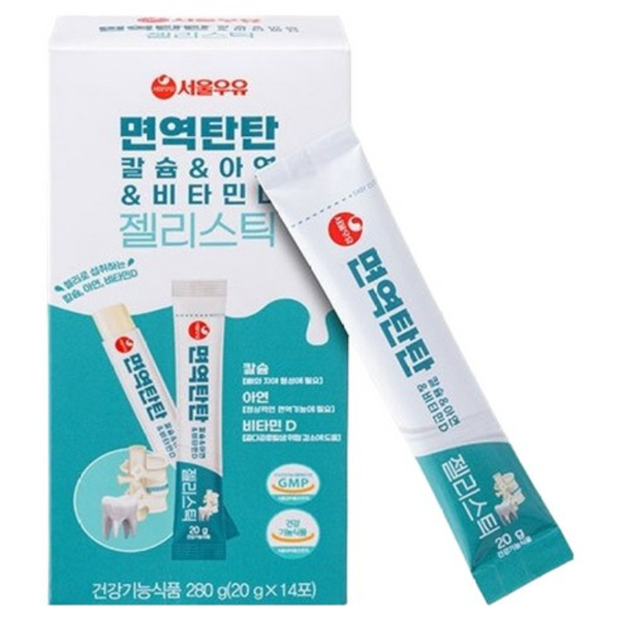 Seoul Milk Immune Tantan Calcium & Zinc & Vitamin D Jelly Stick – жевательный гелевый комплекс для иммунитета и здоровья костей, 14 стиков, 280 г