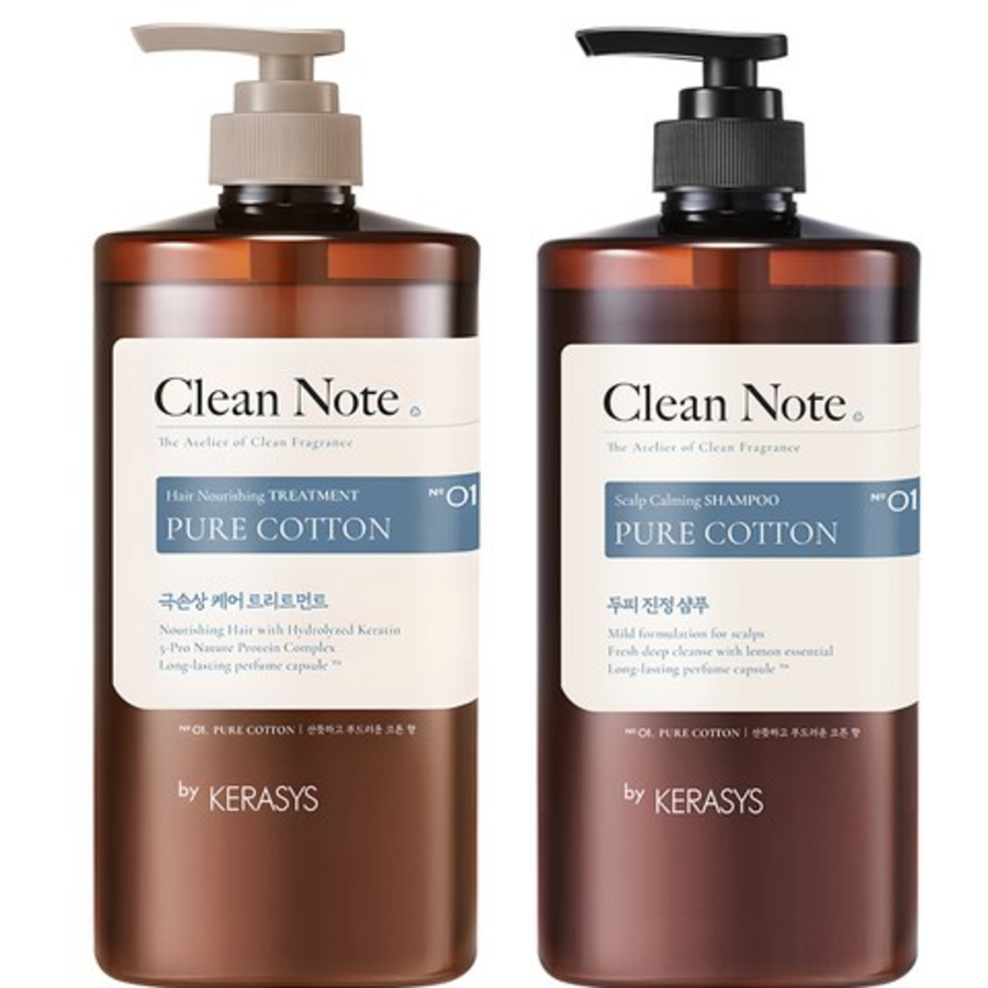 Kerasys Clean Note Shampoo Pure Cotton Scent 1L + Treatment 1L – Набор шампуня и кондиционера с ароматом чистого хлопка, 1000 мл + 1000 мл