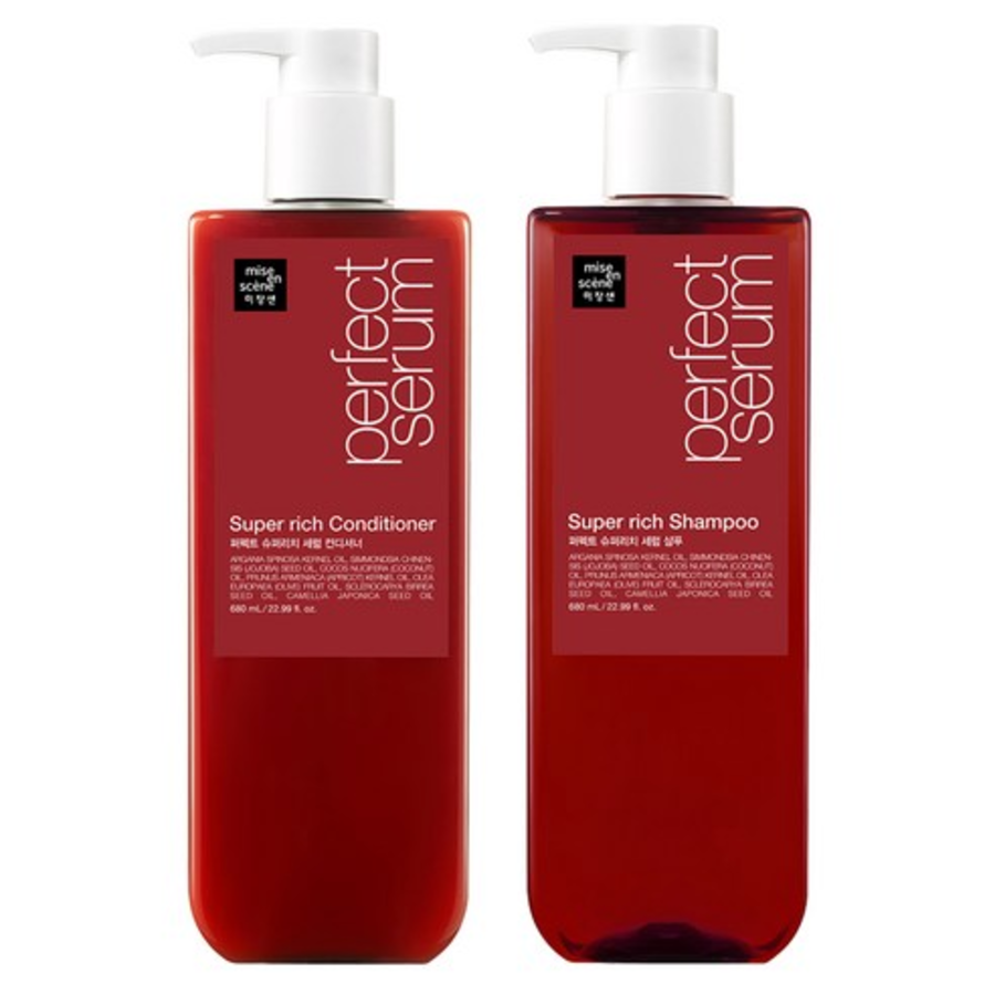 Mise en scéne Perfect Super Rich Serum Shampoo + Conditioner – питательный уход с сывороткой для сухих и повреждённых волос, 680 мл + 680 мл