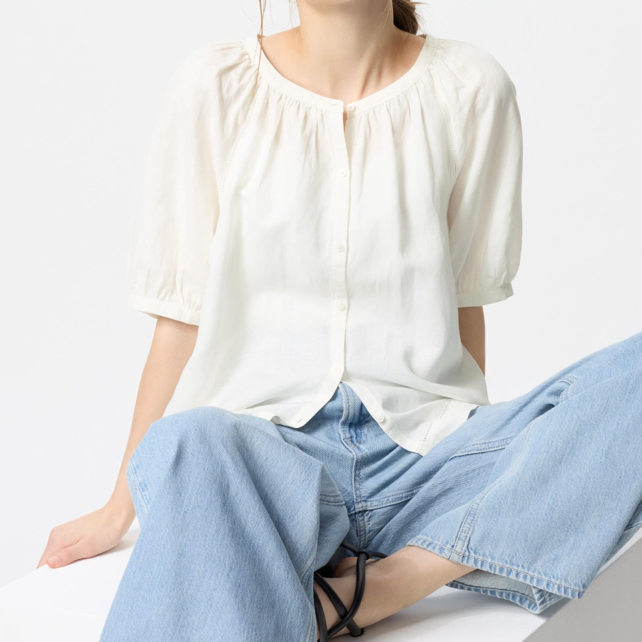 Uniqlo – блузка Linen Blend Volume Sleeve Blouse (короткий рукав)
