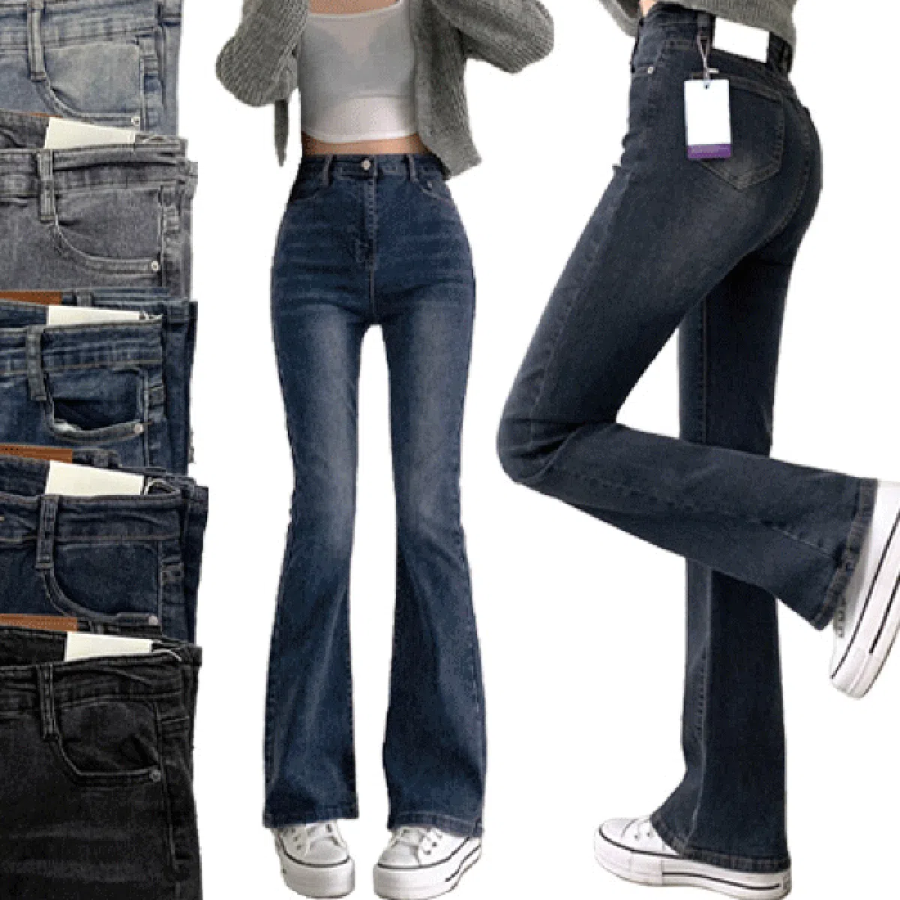 Джинсы с эластичным поясом, длинные, кроя bootcut на все сезоны