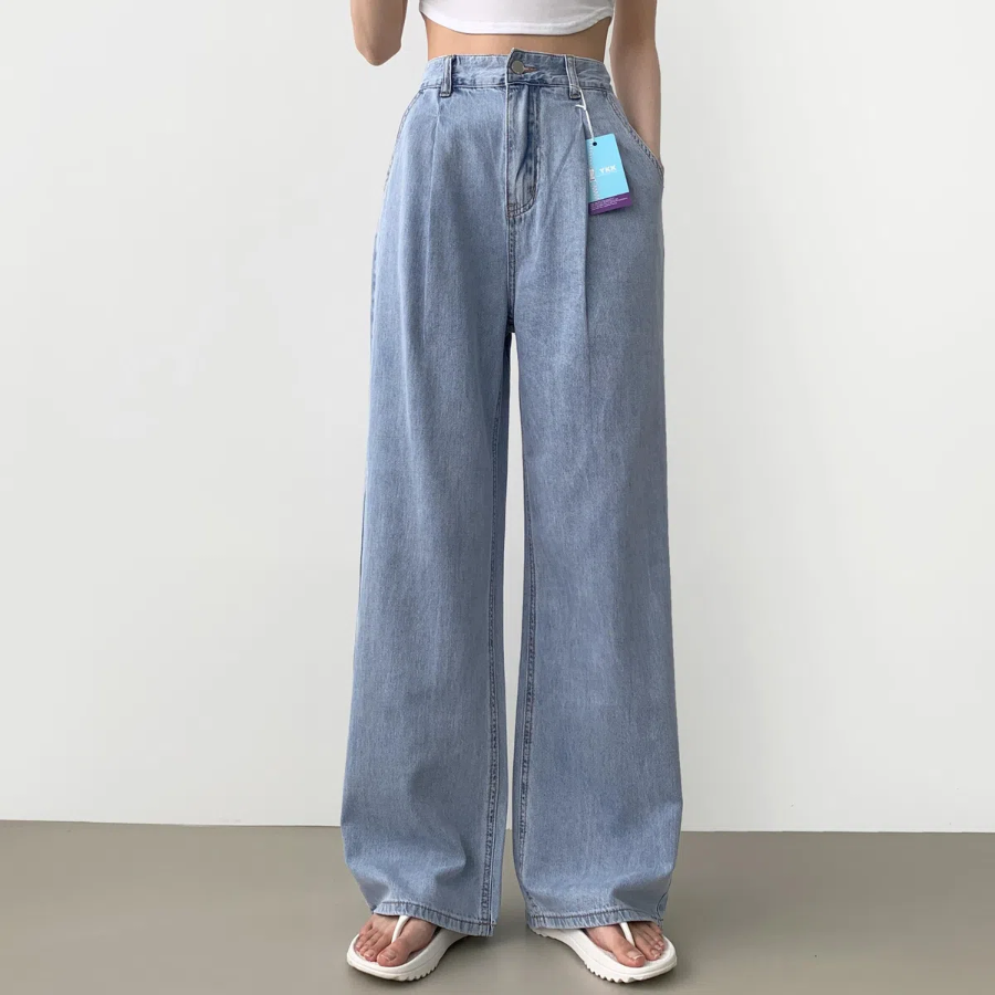 Летние длинные wide-fit джинсы с защипами, резинкой и эффектом охлаждения