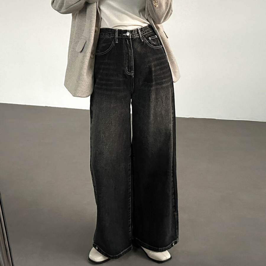 Женские джинсы с завышенной талией, варкой и ультра-широким кроем на кнопках