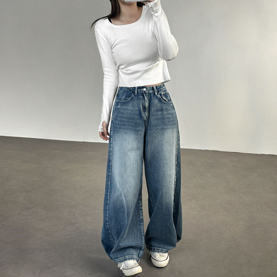 Женские джинсы с завышенной талией, варкой и ультра-широким кроем на кнопках