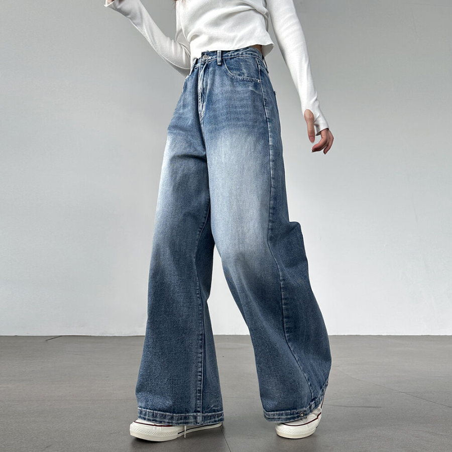 Женские джинсы с завышенной талией, варкой и ультра-широким кроем на кнопках