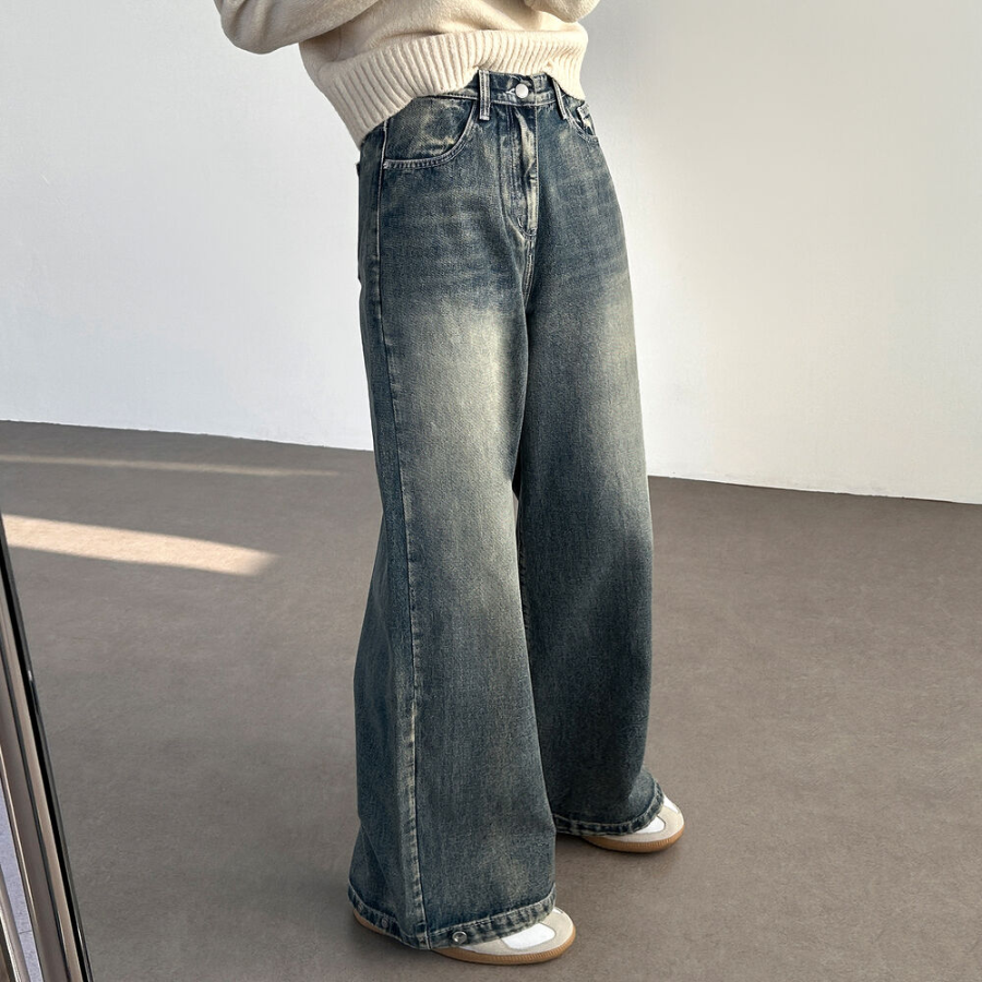 Женские джинсы с завышенной талией, варкой и ультра-широким кроем на кнопках