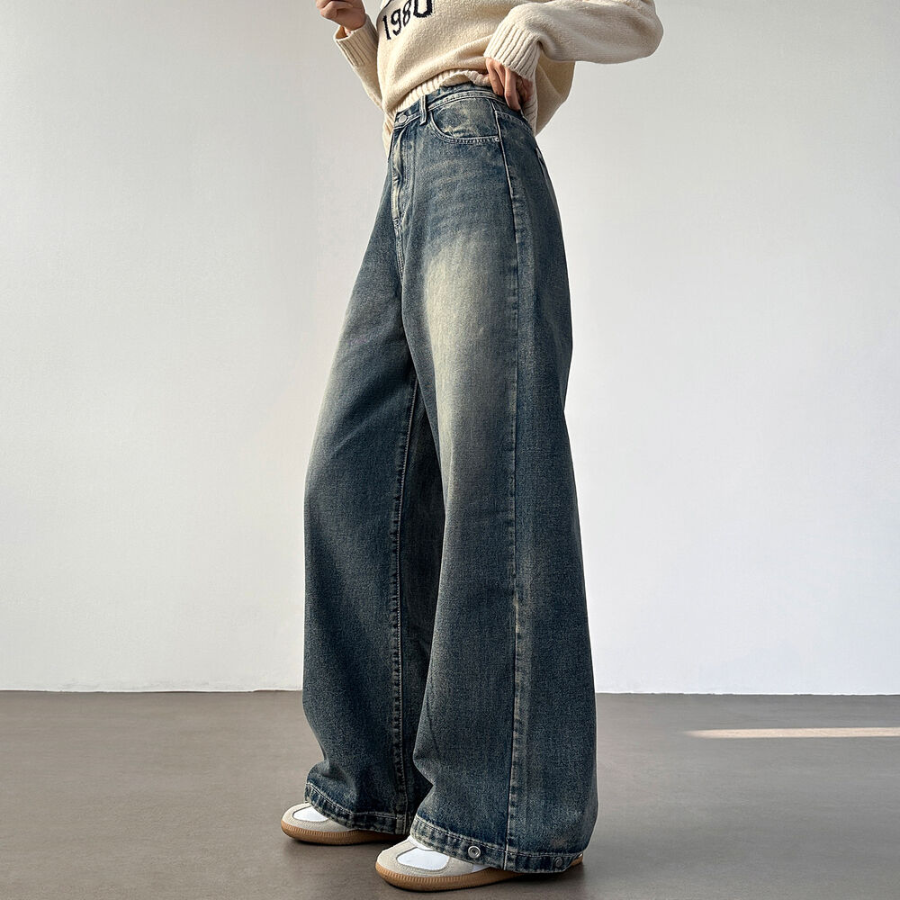 Женские джинсы с завышенной талией, варкой и ультра-широким кроем на кнопках