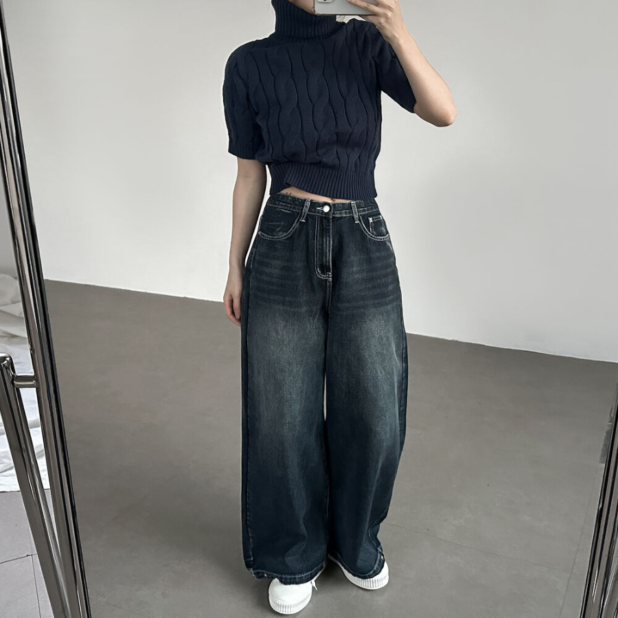 Женские джинсы с завышенной талией, варкой и ультра-широким кроем на кнопках