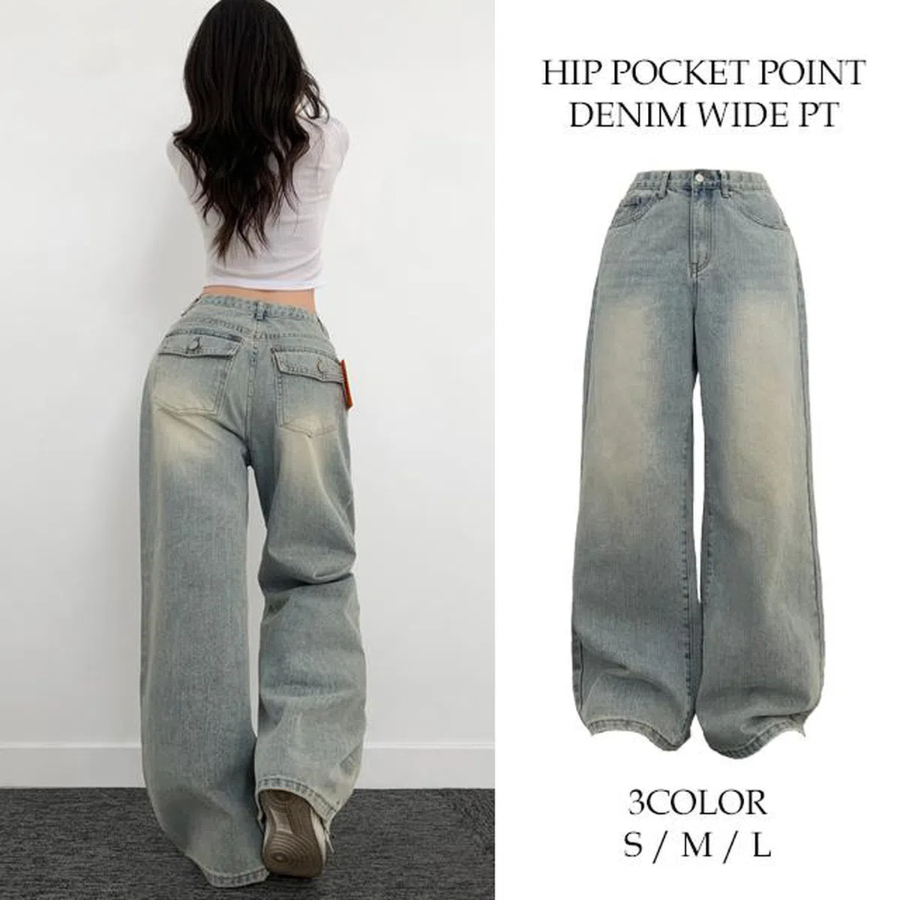 Женские широкие джинсы с фактурой слуб и накладными задними карманами