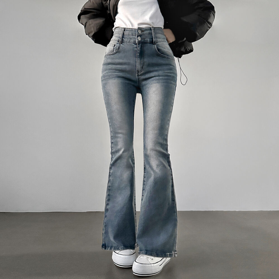 Женские джинсы с корректирующим эффектом, хай-вейстом и двойной пуговицей в фасоне буткат