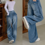 Женские джинсы с визуальным эффектом узкой талии и широкими бёдрами в свободном крое