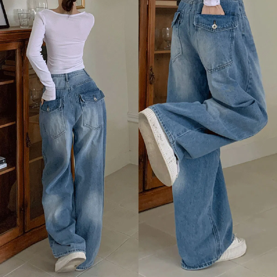 Женские джинсы с визуальным эффектом узкой талии и широкими бёдрами в свободном крое