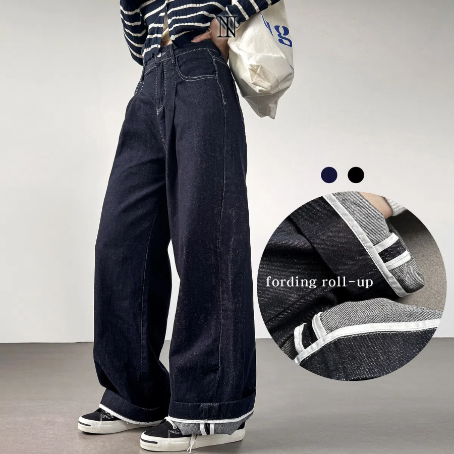 Женские wide-fit джинсы с высокой талией, защипами и отворотом