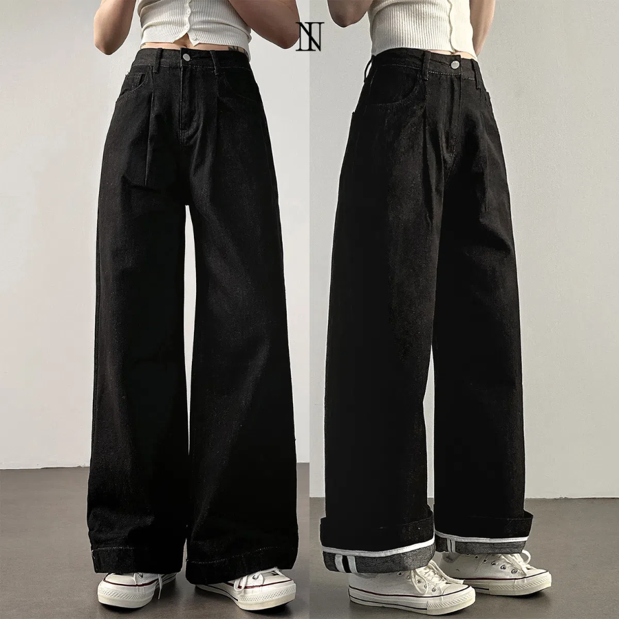 Женские wide-fit джинсы с высокой талией, защипами и отворотом