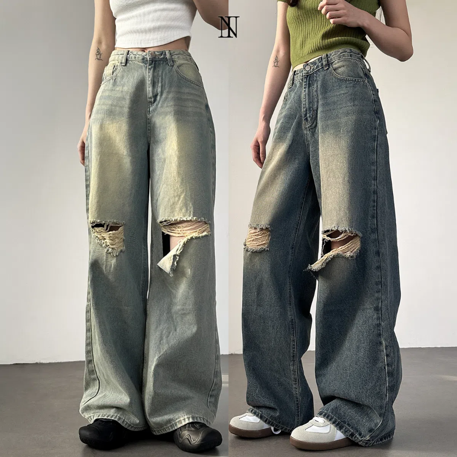 Женские wide-fit джинсы с высокой талией, винтажной варкой и разрезами на коленях
