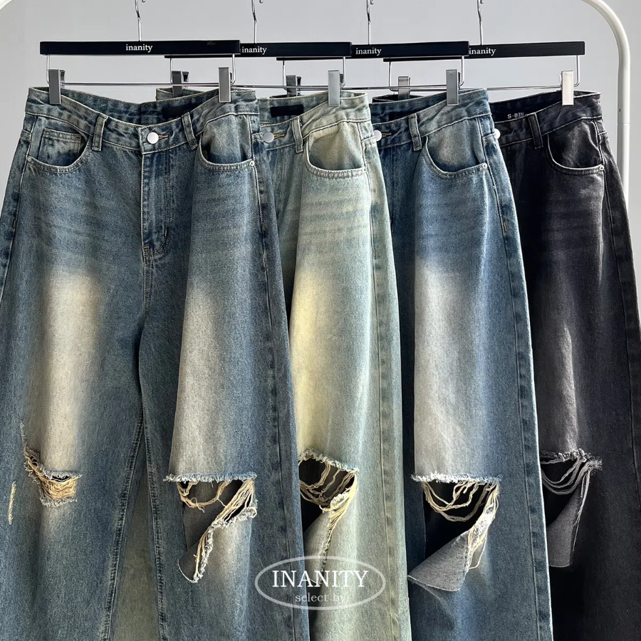 Женские wide-fit джинсы с высокой талией, винтажной варкой и разрезами на коленях