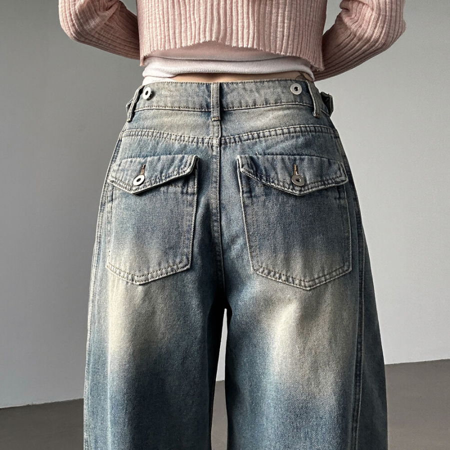 Женские длинные wide-fit джинсы с А-образными швами, отделочной строчкой и винтажной варкой