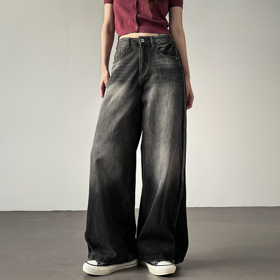 Женские длинные wide-fit джинсы с А-образными швами, отделочной строчкой и винтажной варкой