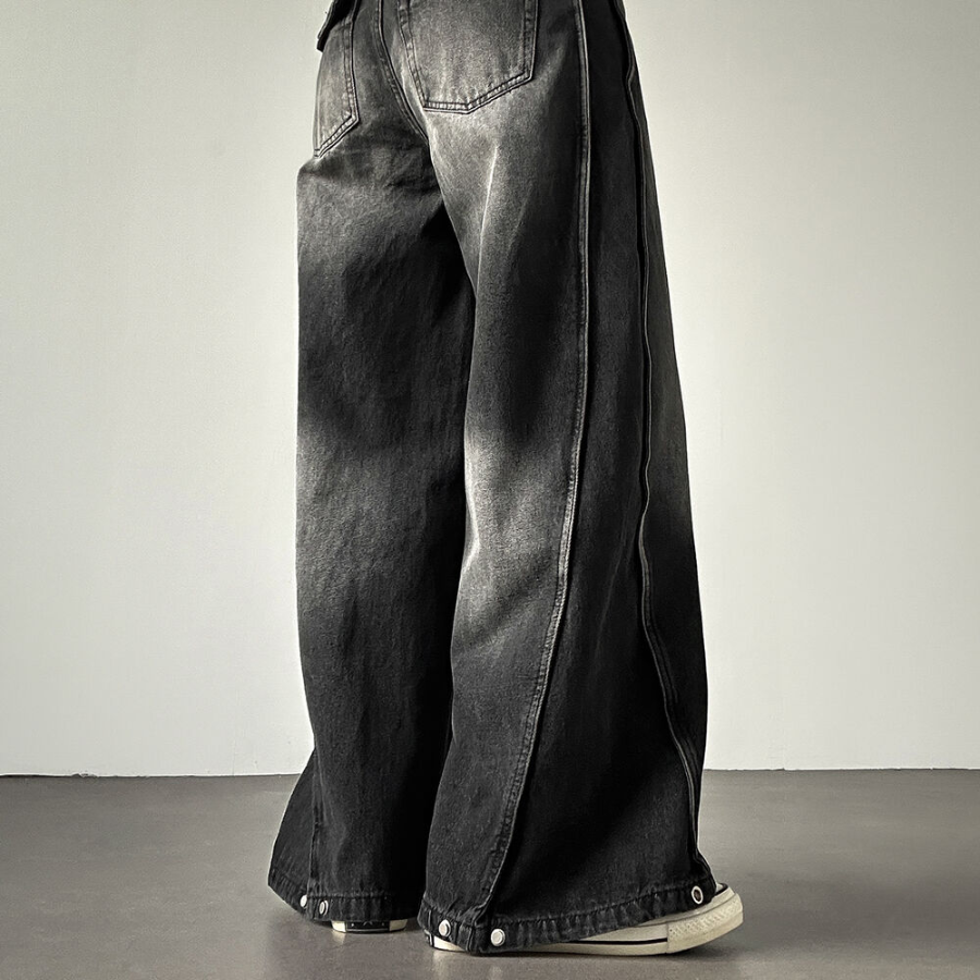 Женские длинные wide-fit джинсы с А-образными швами, отделочной строчкой и винтажной варкой