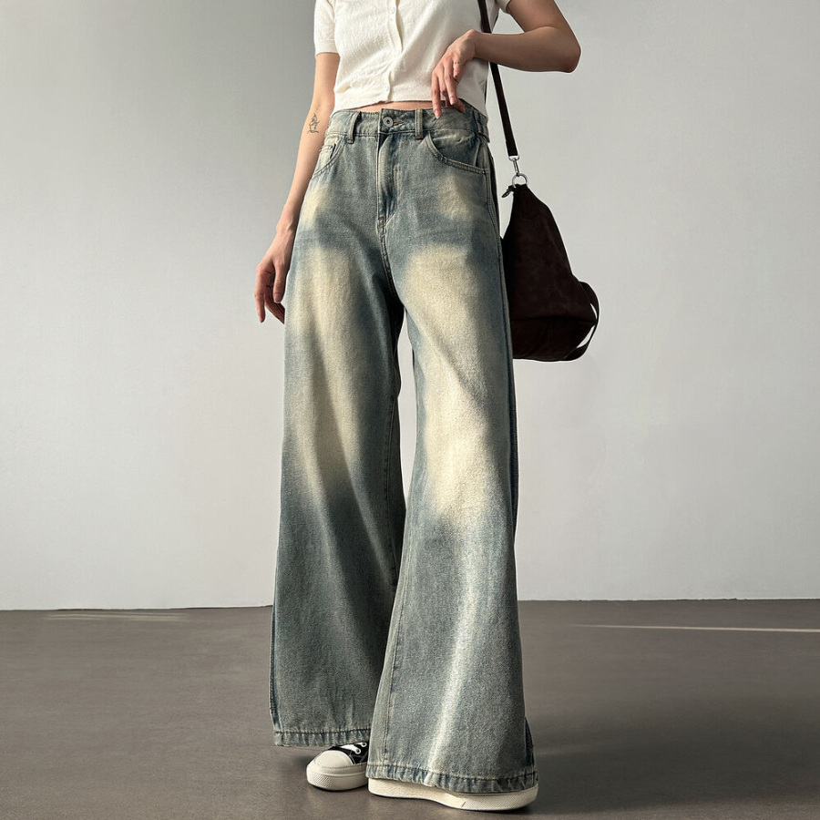 Женские длинные wide-fit джинсы с А-образными швами, отделочной строчкой и винтажной варкой