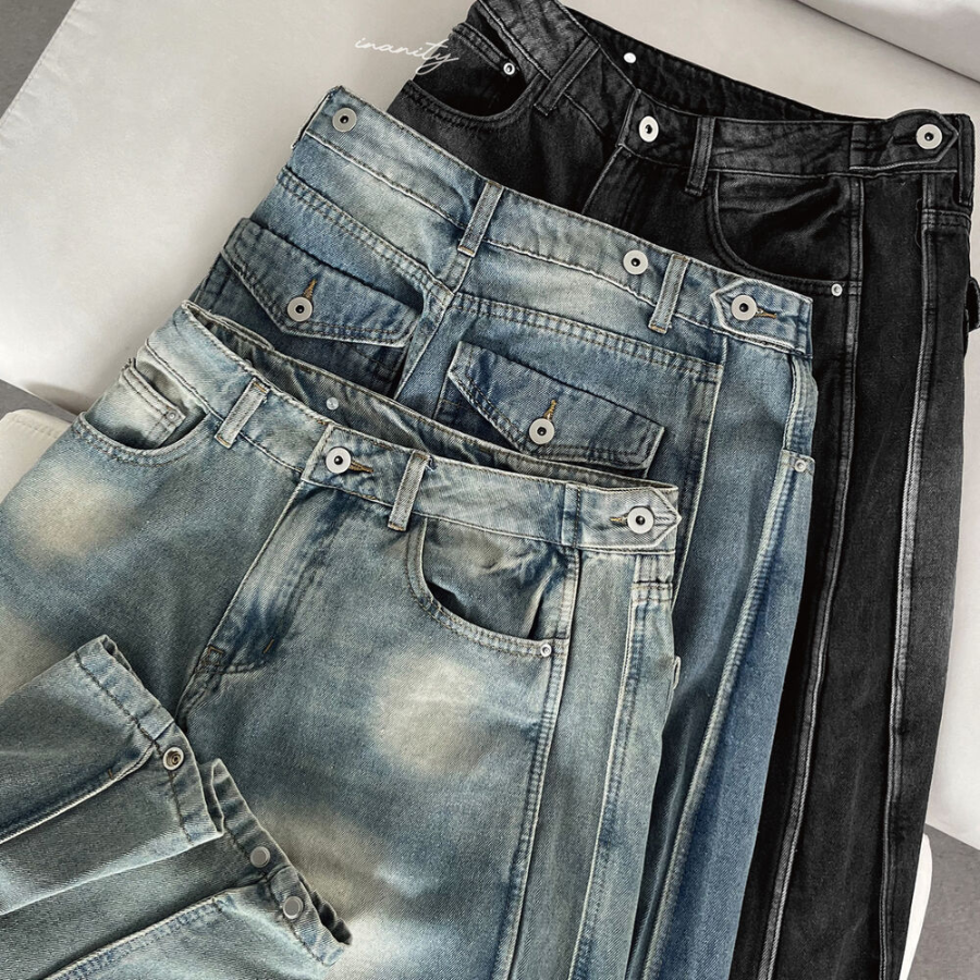 Женские длинные wide-fit джинсы с А-образными швами, отделочной строчкой и винтажной варкой