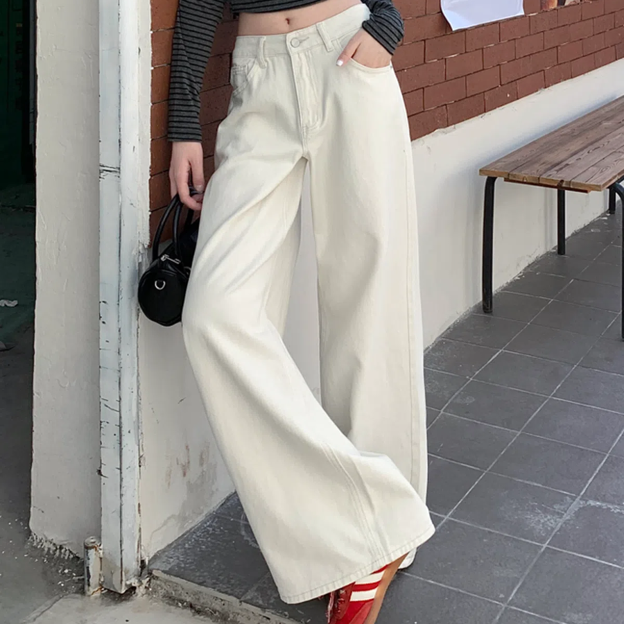 Женские широкие однотонные брюки из плотного денима