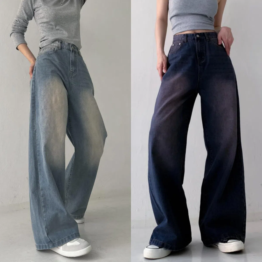 Женские широкие джинсы с варкой и эффектом брашинга