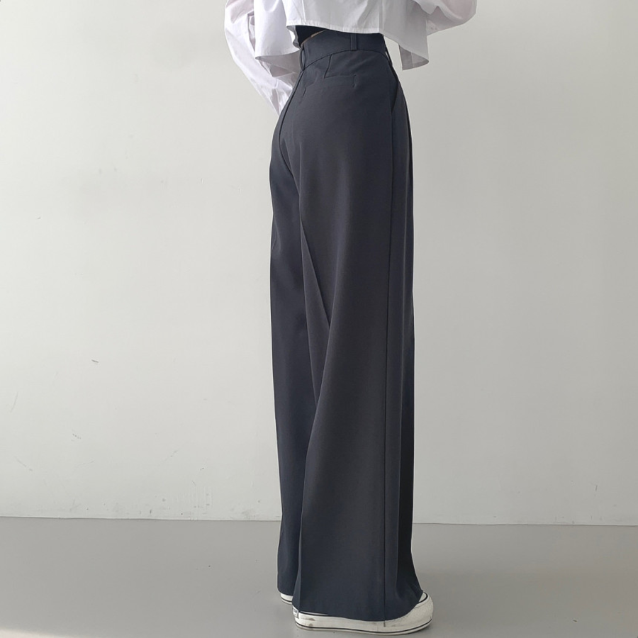 Insae Life Garo Button And Button Pin-Tuck Long Wide Slacks Pants