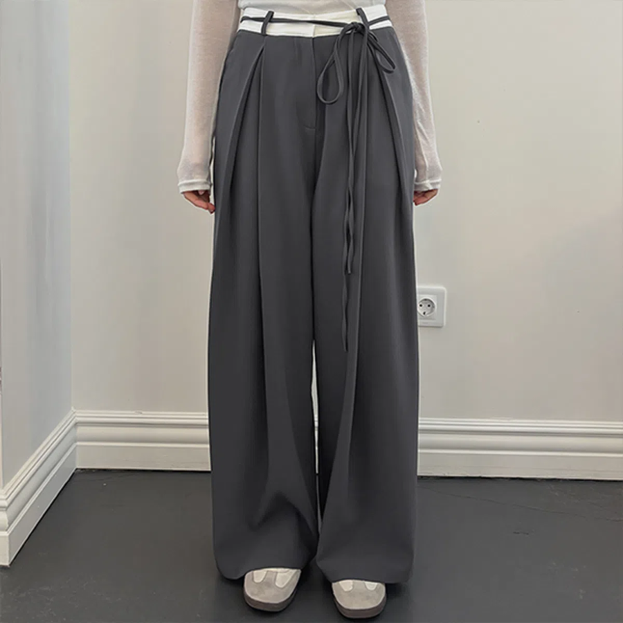 Ribon Strap Bicolor Pin-Tuck Slacks