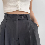 Nylon Hidden Button Pin-Tuck Long Wide Summer Slacks Pants