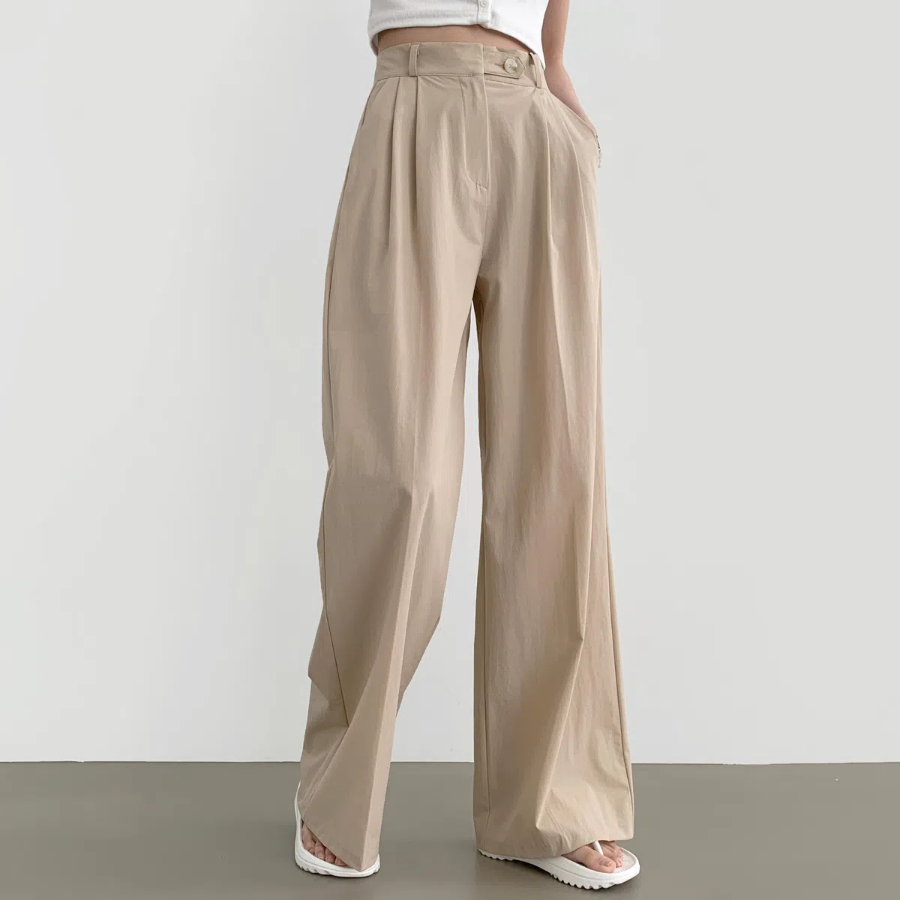 Nylon Hidden Button Pin-Tuck Long Wide Summer Slacks Pants