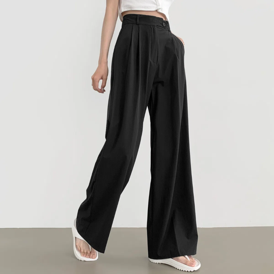 Nylon Hidden Button Pin-Tuck Long Wide Summer Slacks Pants