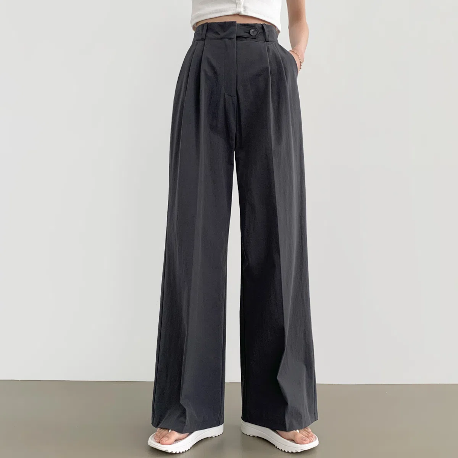 Nylon Hidden Button Pin-Tuck Long Wide Summer Slacks Pants