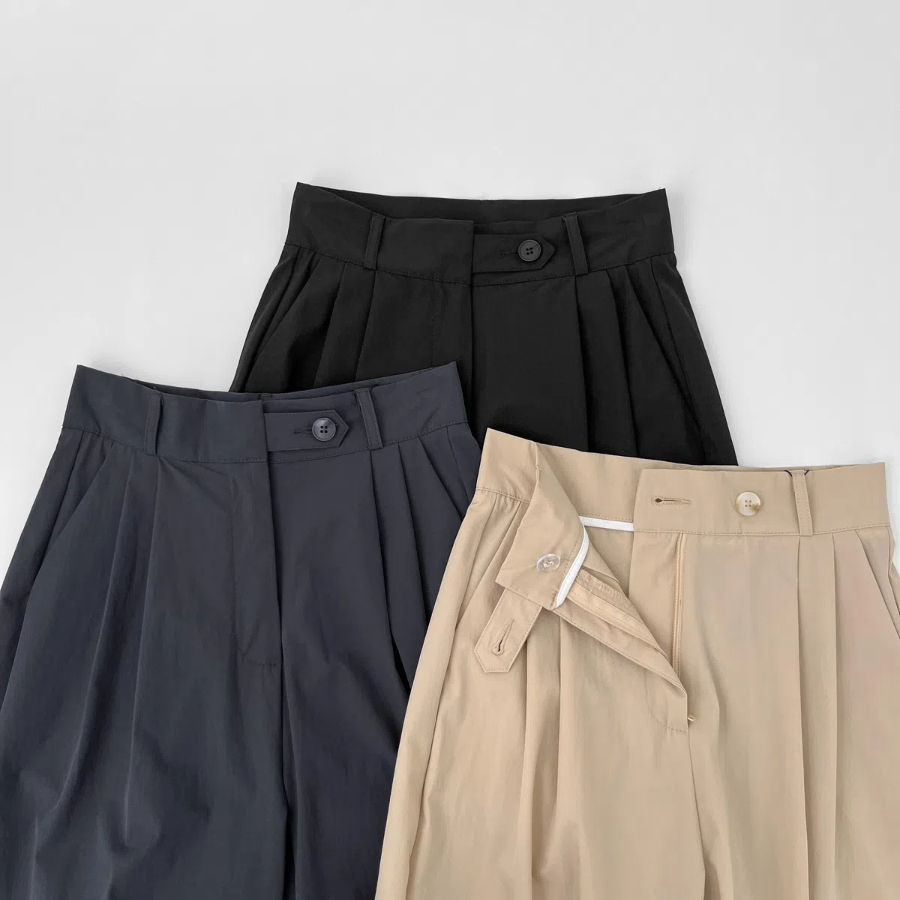 Nylon Hidden Button Pin-Tuck Long Wide Summer Slacks Pants