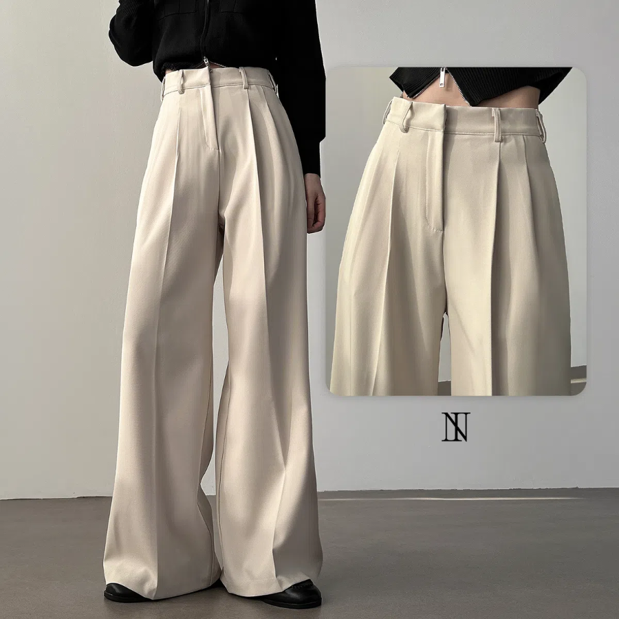 High-waist Button Two-Pleat Long Wide Slacks