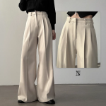 High-waist Button Two-Pleat Long Wide Slacks