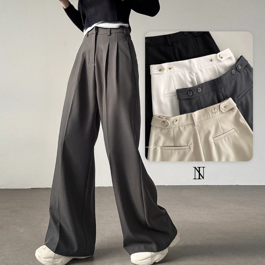 High-waist Button Two-Pleat Long Wide Slacks