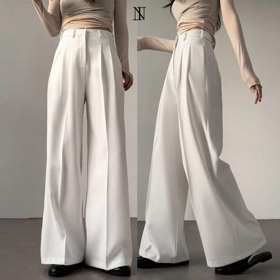 High-waist Button Two-Pleat Long Wide Slacks
