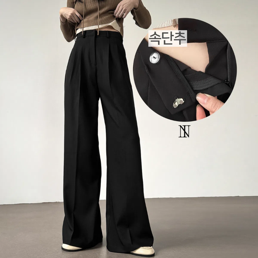 High-waist Button Two-Pleat Long Wide Slacks