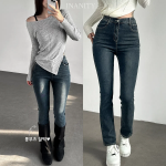 Женские джинсы прямого кроя с высокой посадкой и скрытой эластичной талией из тёмного денима