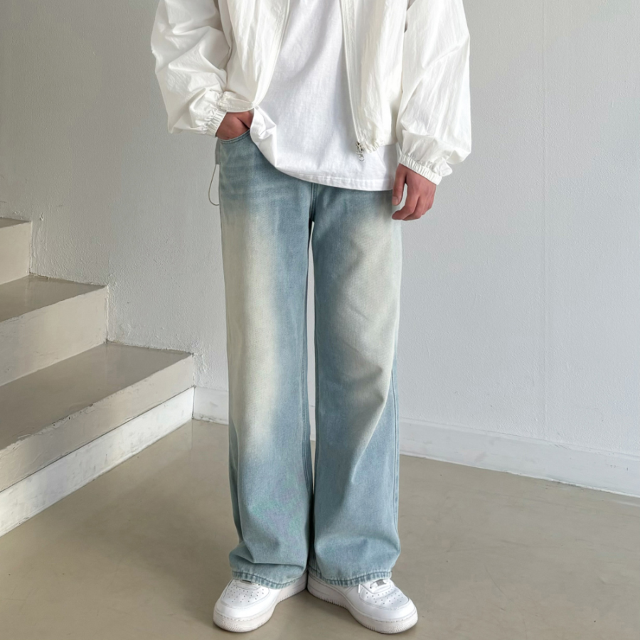 Унисекс джинсы с пескоструйной обработкой, резинкой на поясе и широкими штанинами