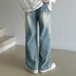 Унисекс джинсы с пескоструйной обработкой, резинкой на поясе и широкими штанинами