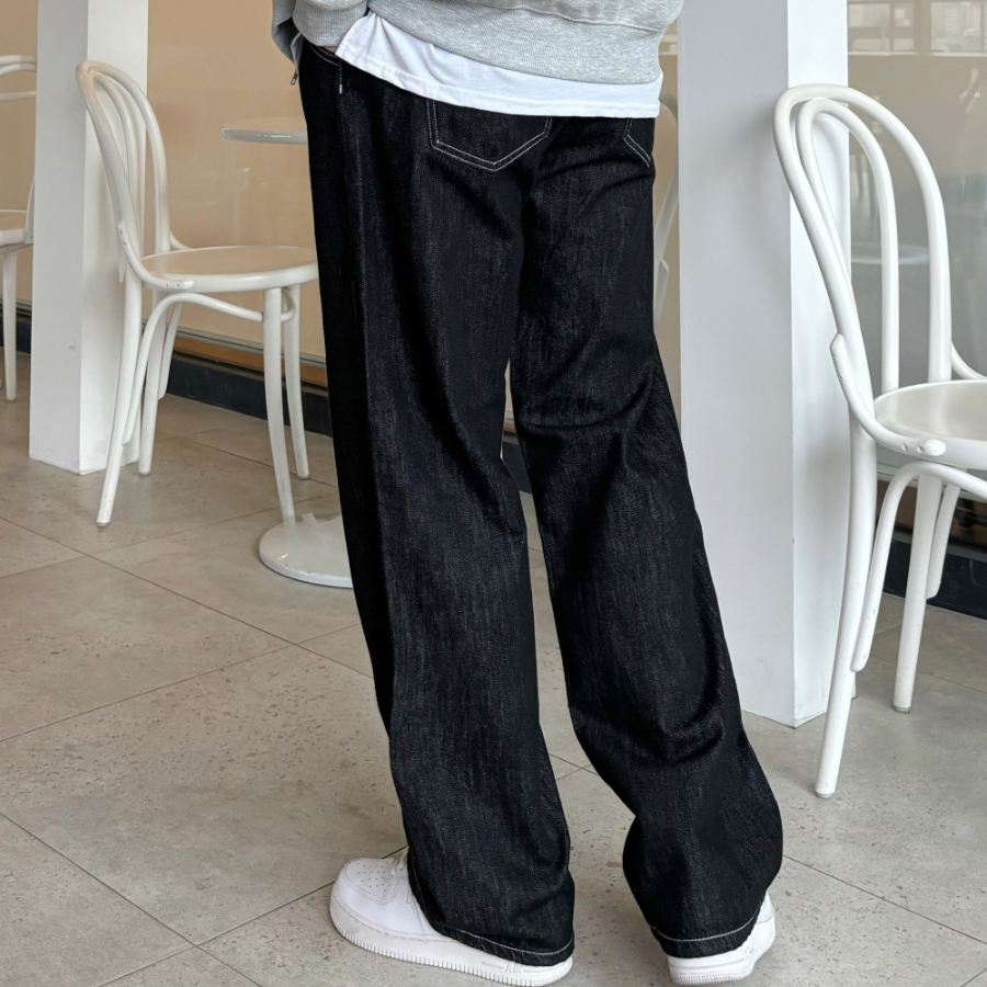 Унисекс джинсы из сырого денима с защипами и контрастной строчкой