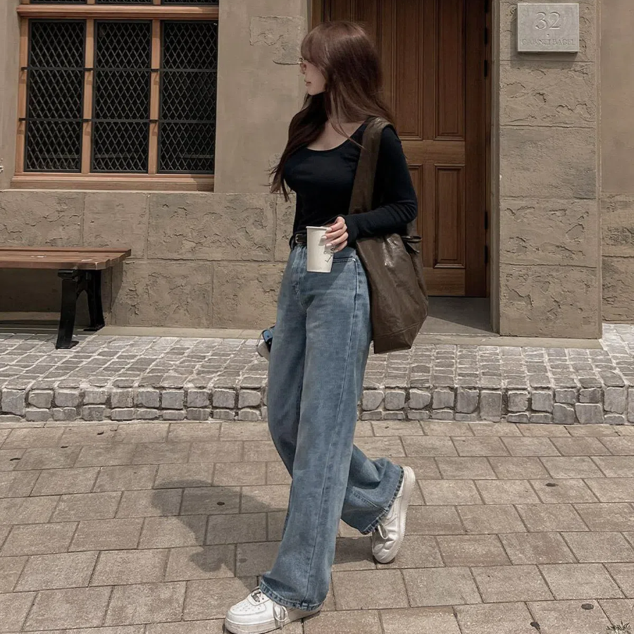 High-Waist Three Pintuck Long Wide Slacks