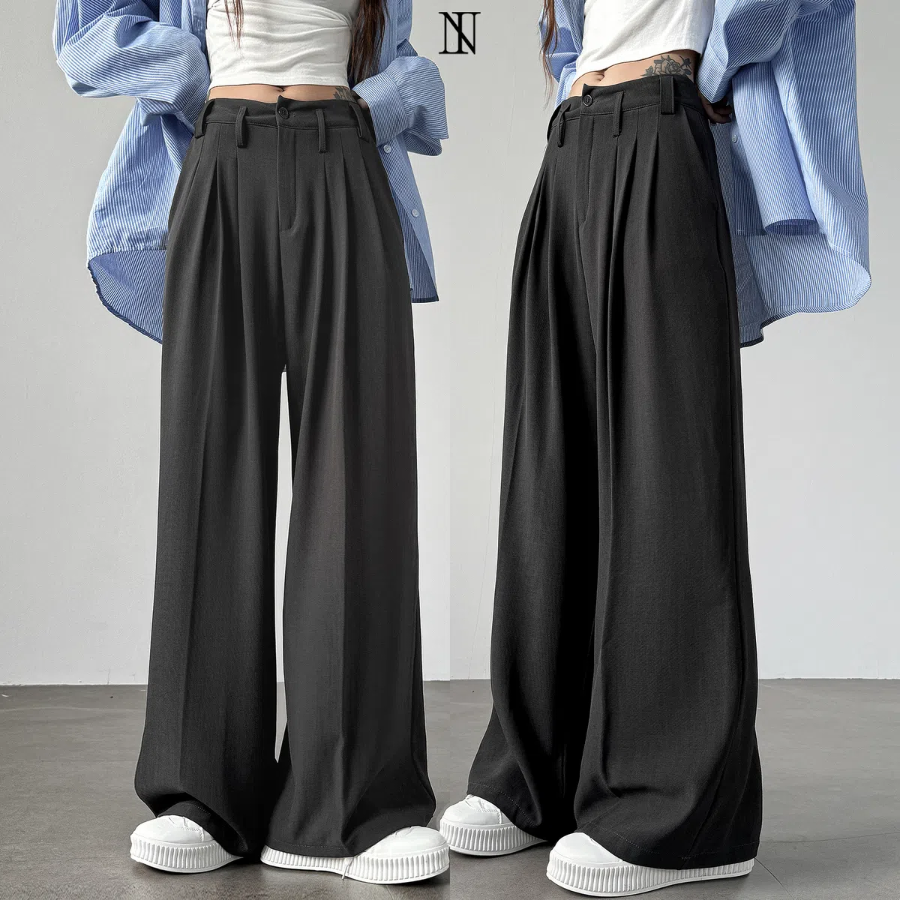 High-Waist Three Pintuck Long Wide Slacks