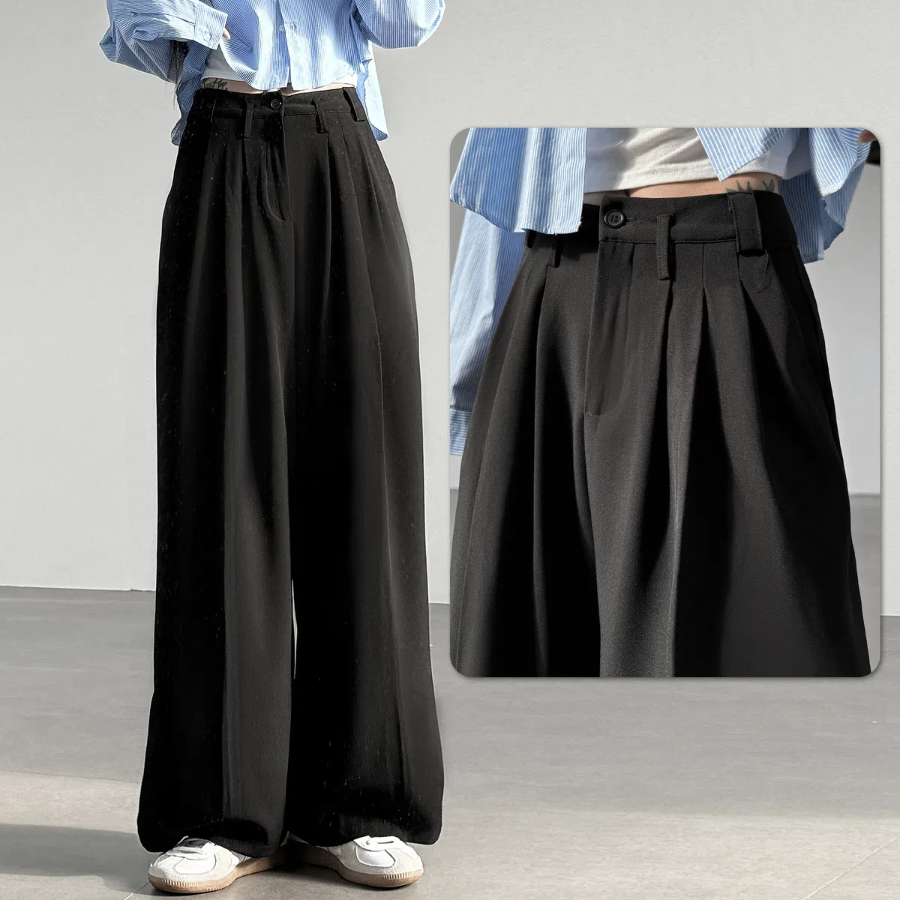 High-Waist Three Pintuck Long Wide Slacks